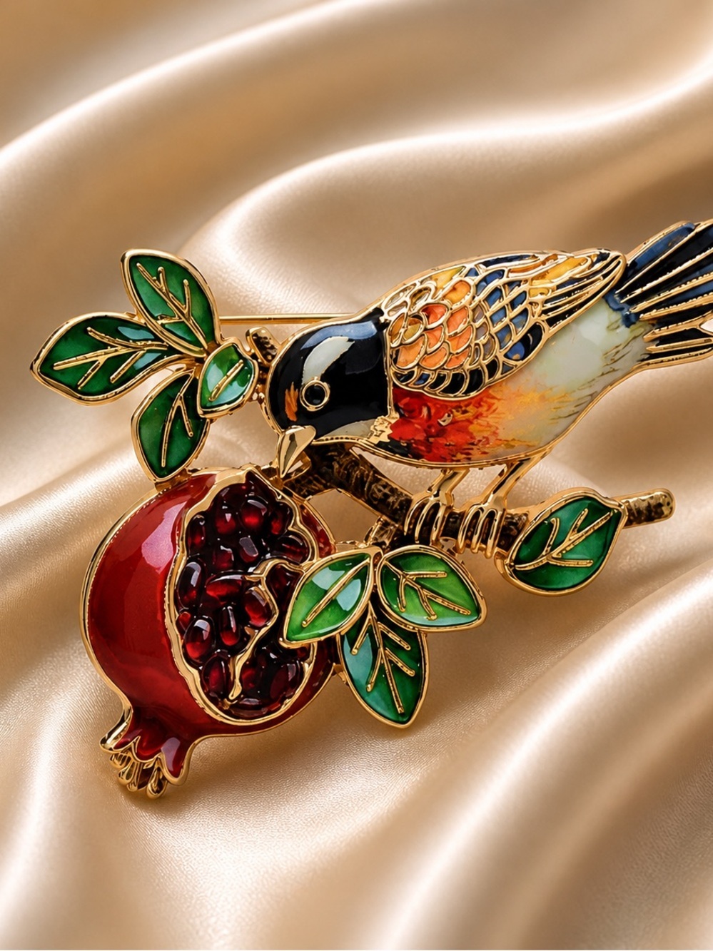 Pomegranate Bird Gold Brooch